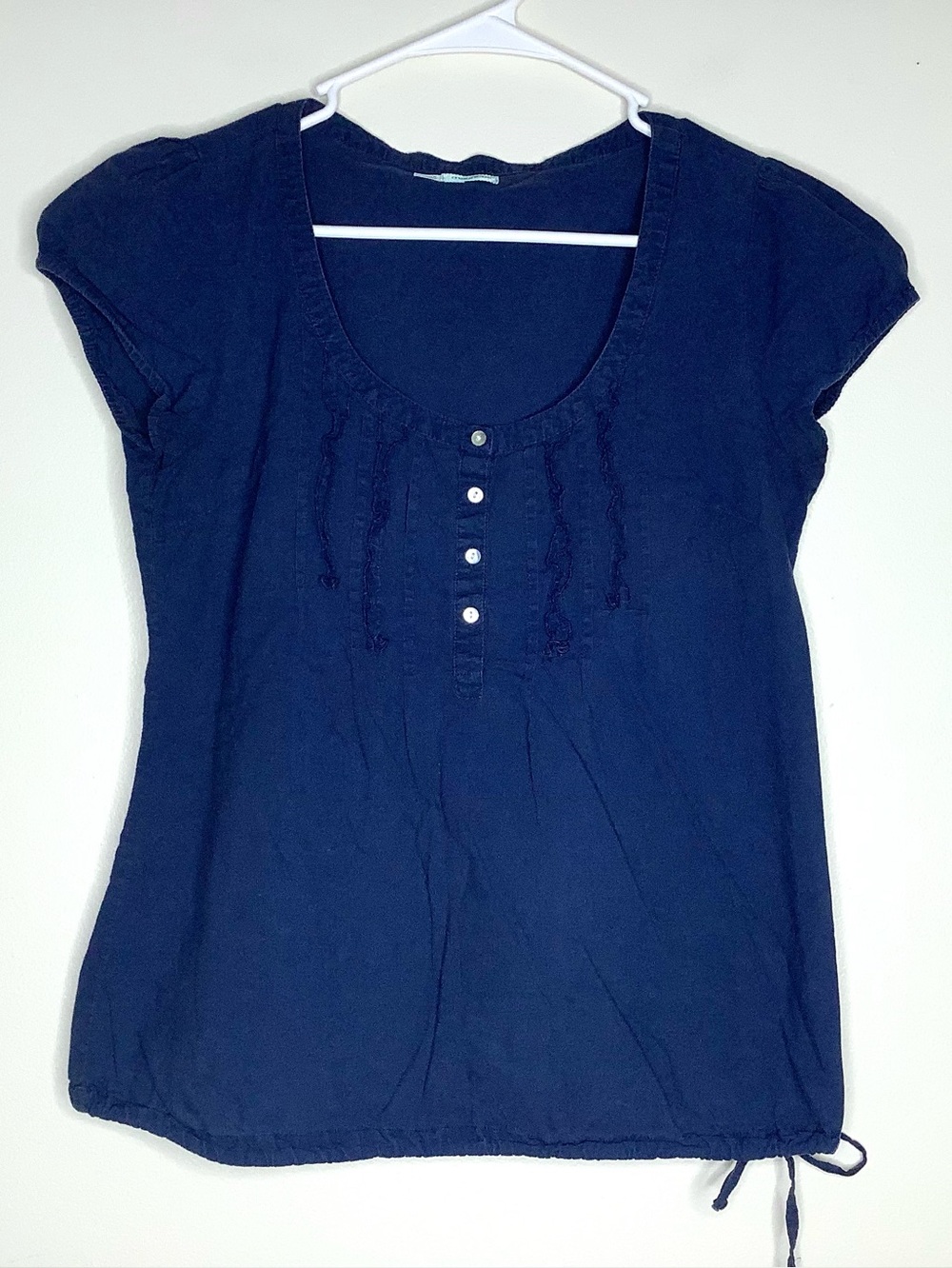 < Y2K Maurices Navy Blue Short Puff Sleeve Babydoll Blouse >